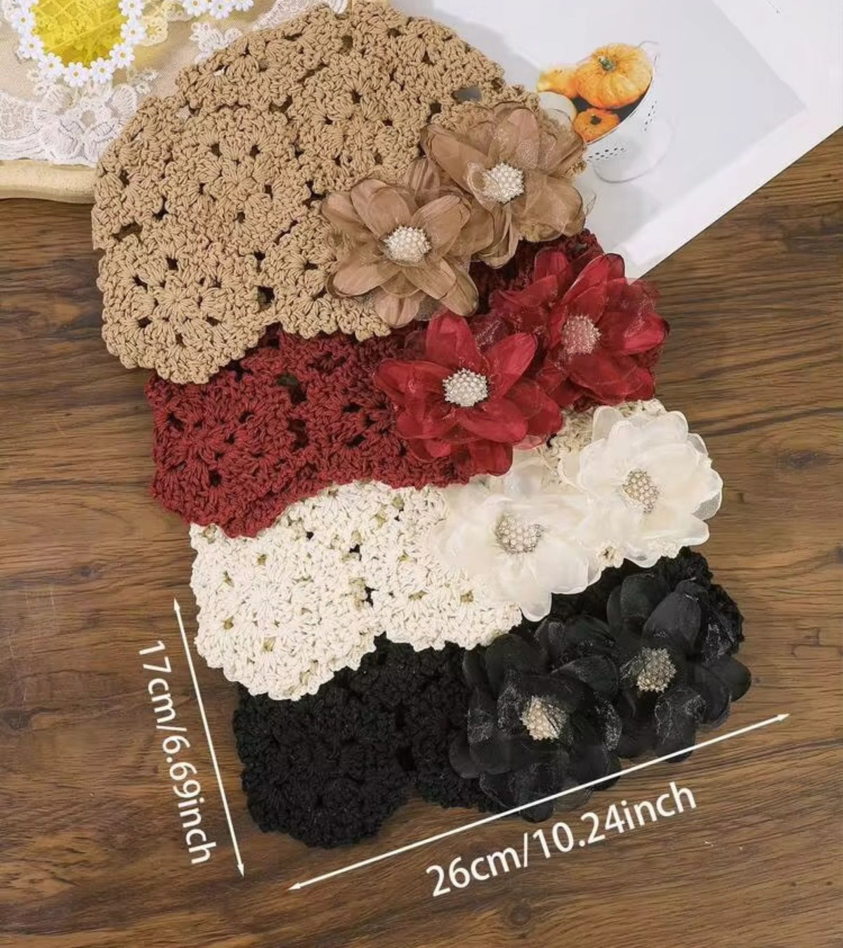 Black crochet beanie with 3D organza flowers and pearl accents