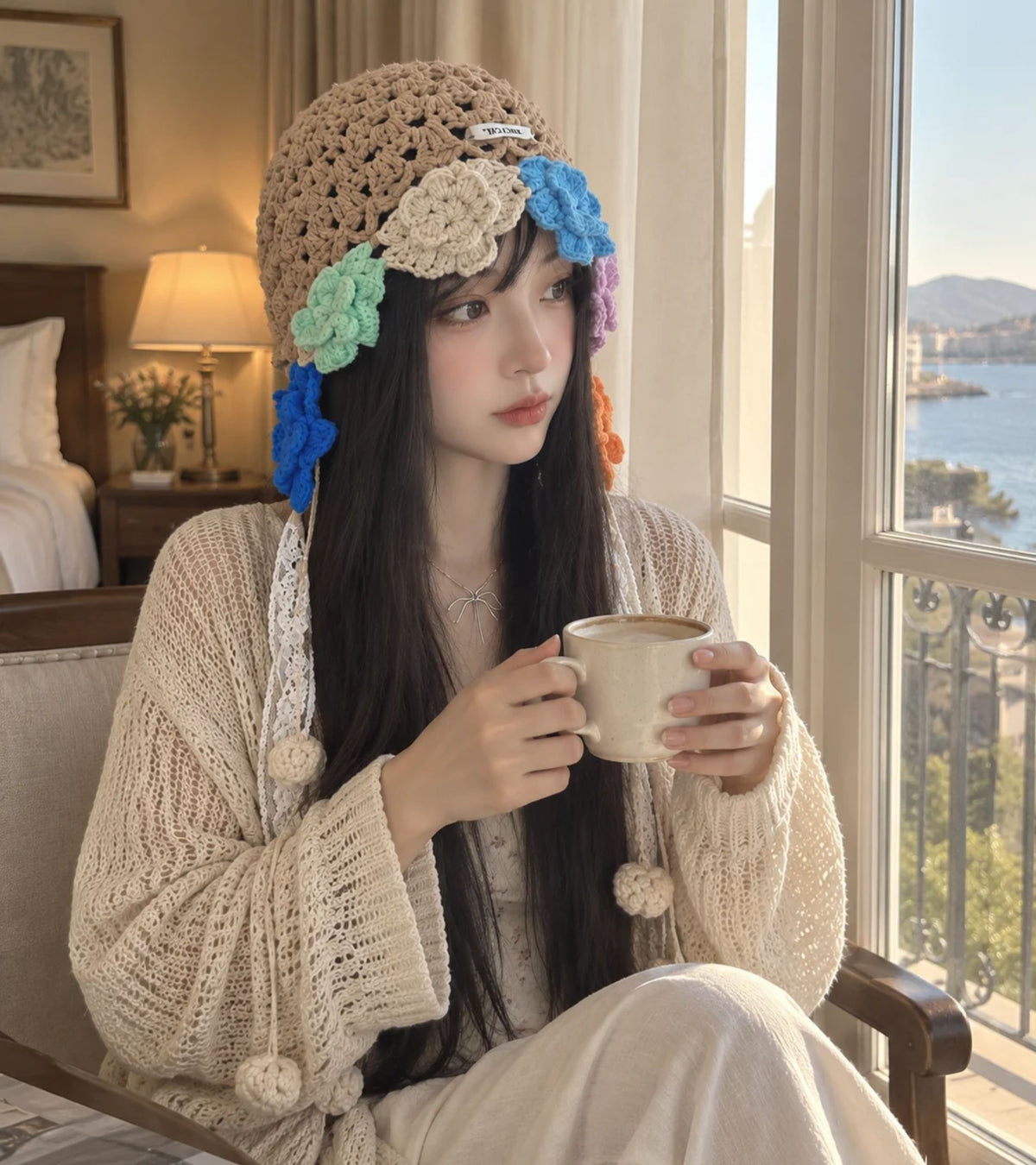 Crochet bonnet in tan with 3D pastel and blue flowers, lace ribbon streamers, pom ties
