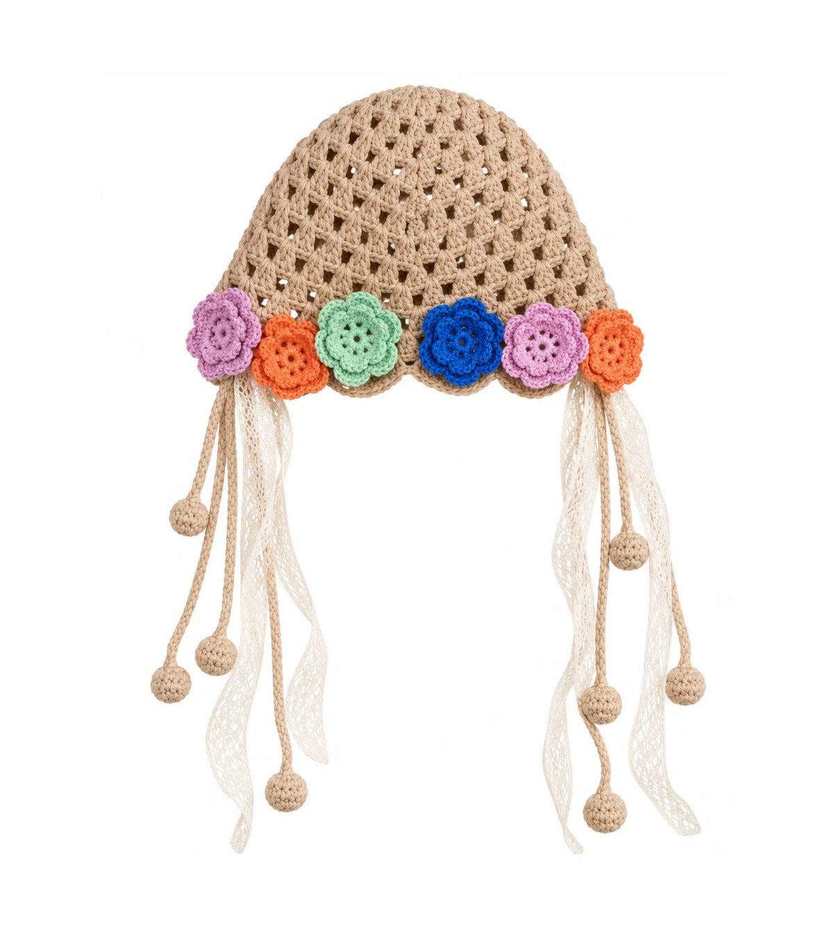 Crochet bonnet with multicolor flower garland and long lace ribbons ending in pom poms