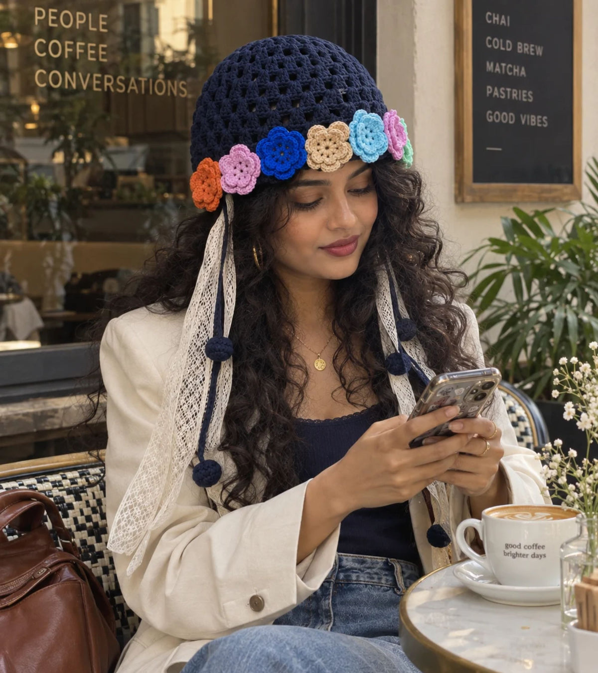 Navy crochet flower garland bonnet with multi-color 3D blooms, lace ribbons, pom-pom ties