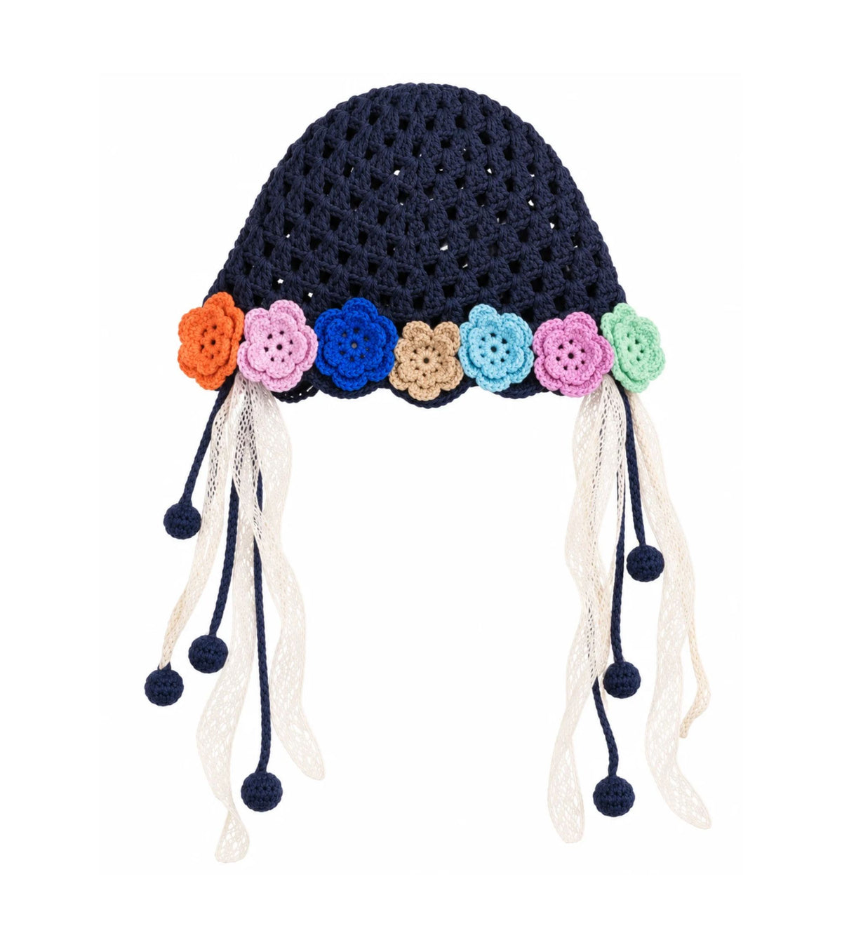 Navy crochet bonnet with multicolor 3D flower garland, lace ribbons, and pom-pom ties