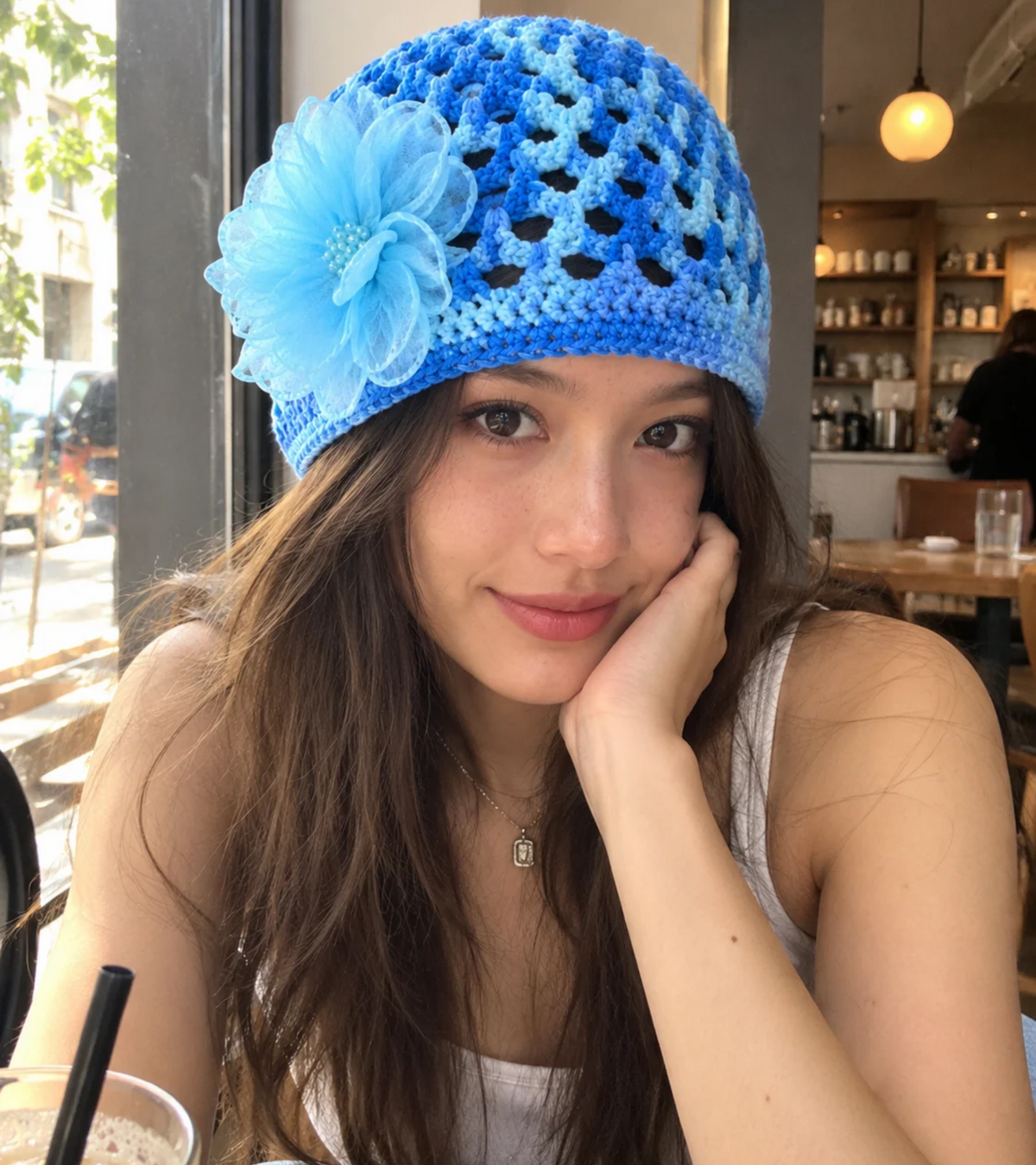 Eternia® Premsons Girls' Blue Knitted Woolen Beanie Cap with Flower Design