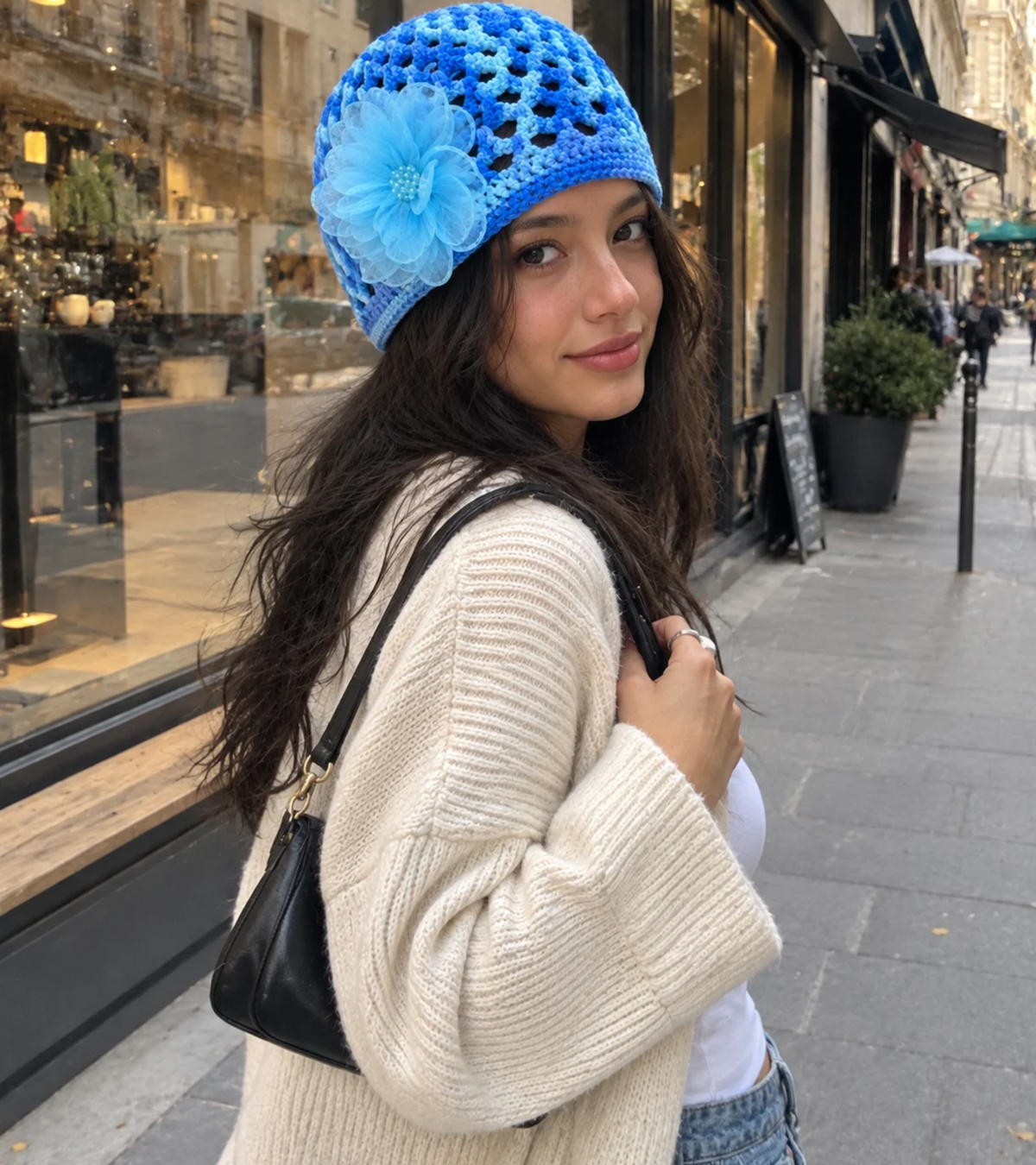 Eternia® Premsons Girls' Blue Knitted Woolen Beanie Cap with Flower Design