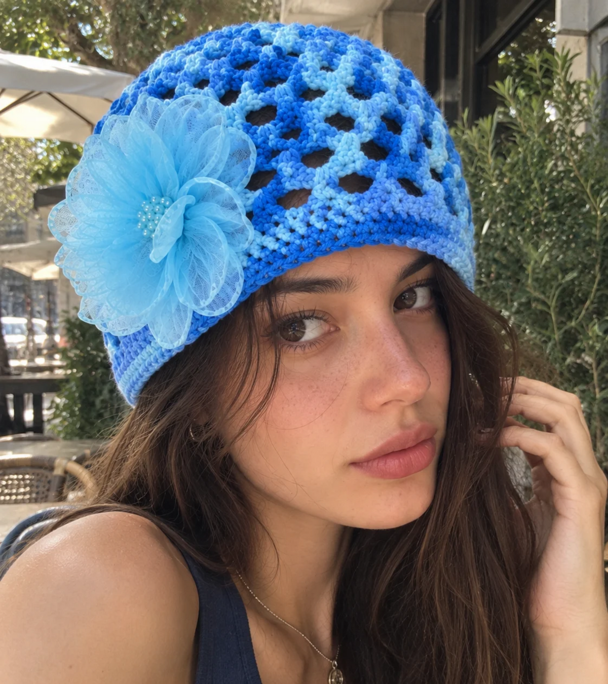 Eternia® Premsons Girls' Blue Knitted Woolen Beanie Cap with Flower Design