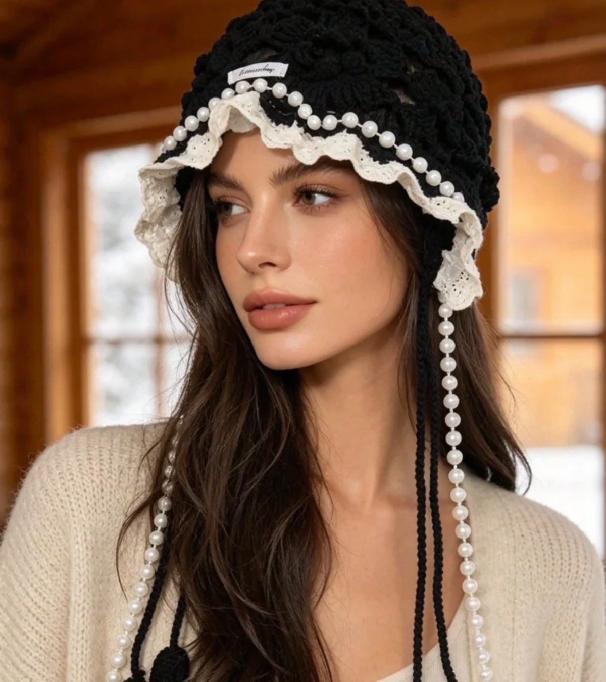 Eternia® Retro black Hollow Floral Crochet Head Bonnet with Pearl Chain Tassels and Ruffled Lace