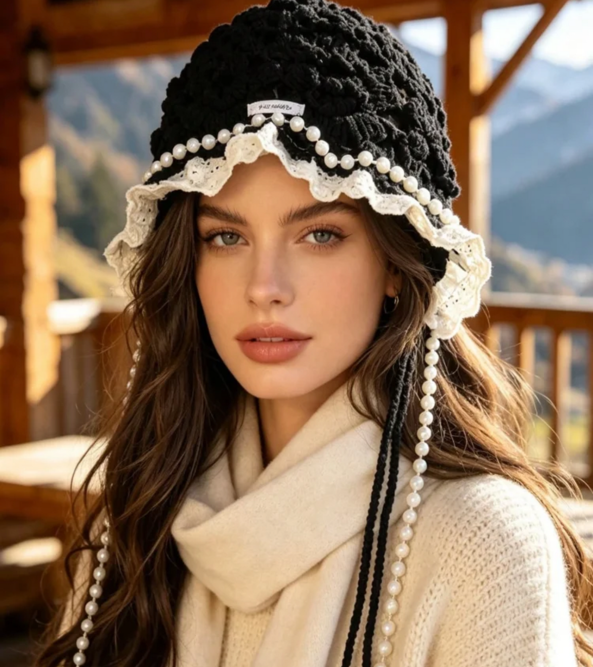 Eternia® Retro black Hollow Floral Crochet Head Bonnet with Pearl Chain Tassels and Ruffled Lace