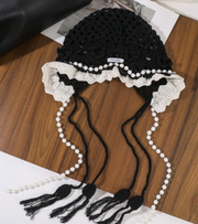 Eternia® Retro black Hollow Floral Crochet Head Bonnet with Pearl Chain Tassels and Ruffled Lace