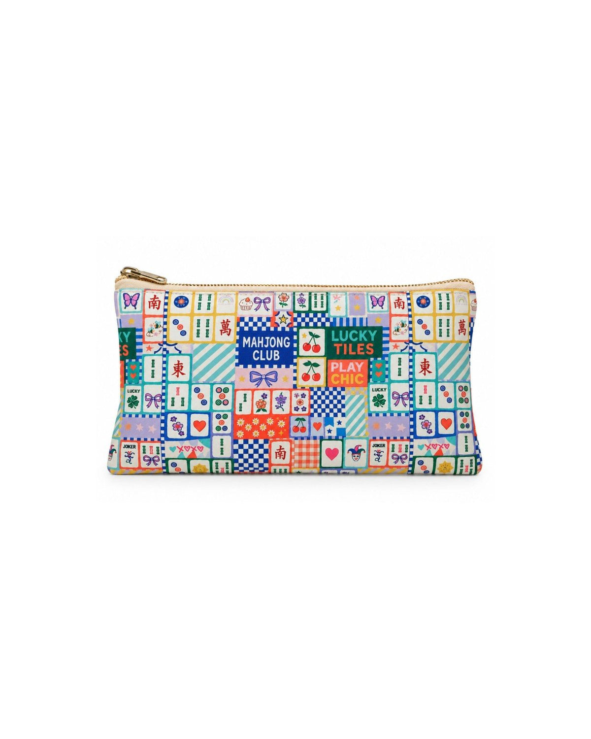 Mahjong-pattern vegan leather zip pouch, front view with gold zipper