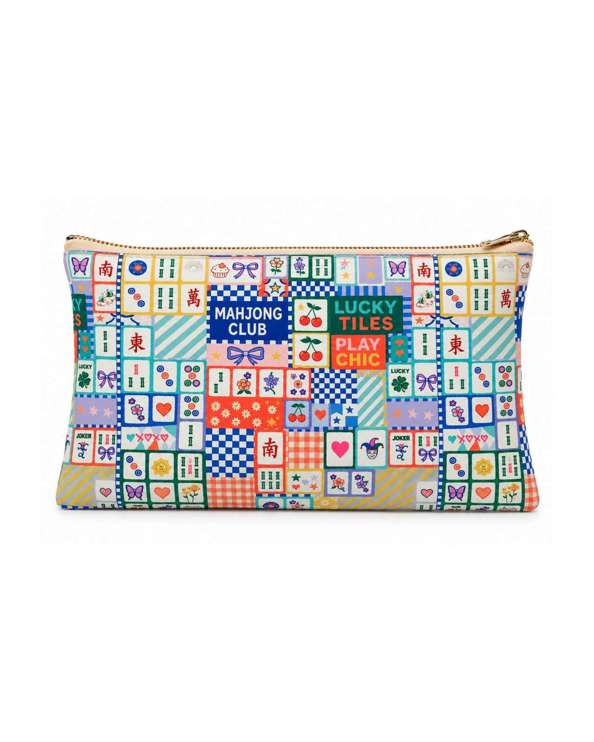 Mahjong-pattern vegan leather zip pouch with gold zipper pull