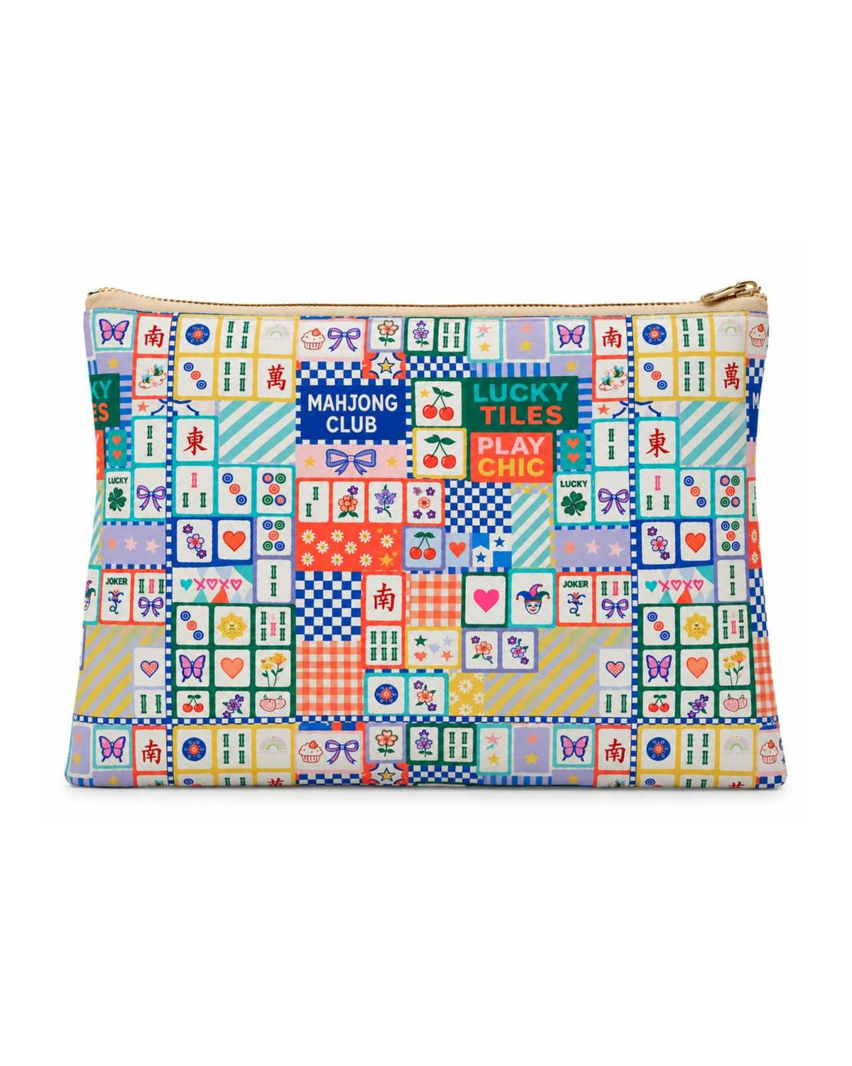 Mahjong-pattern vegan leather zipper pouch with bold grid print and gold zipper
