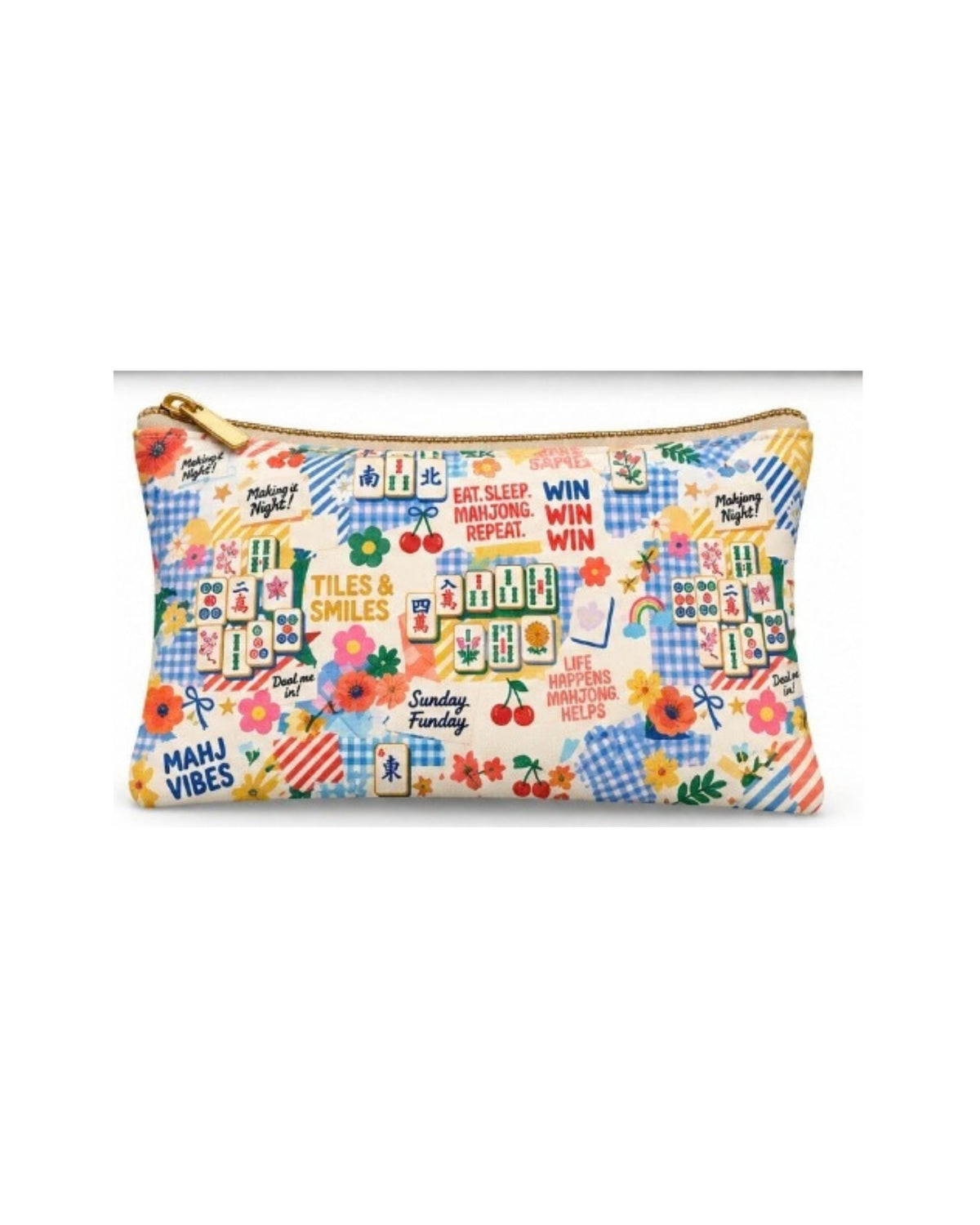 Printed vegan leather zipper pouch with colorful mahjong-style icons, gold zipper
