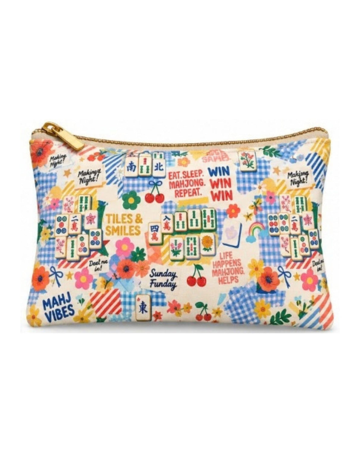 Printed zipper pouch with colorful mahjong-themed graphics and gold zip trim