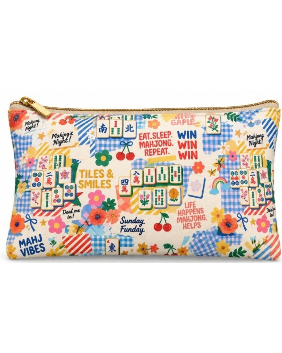 Printed pouch with colorful mahjong-themed graphics, floral accents, gold zipper