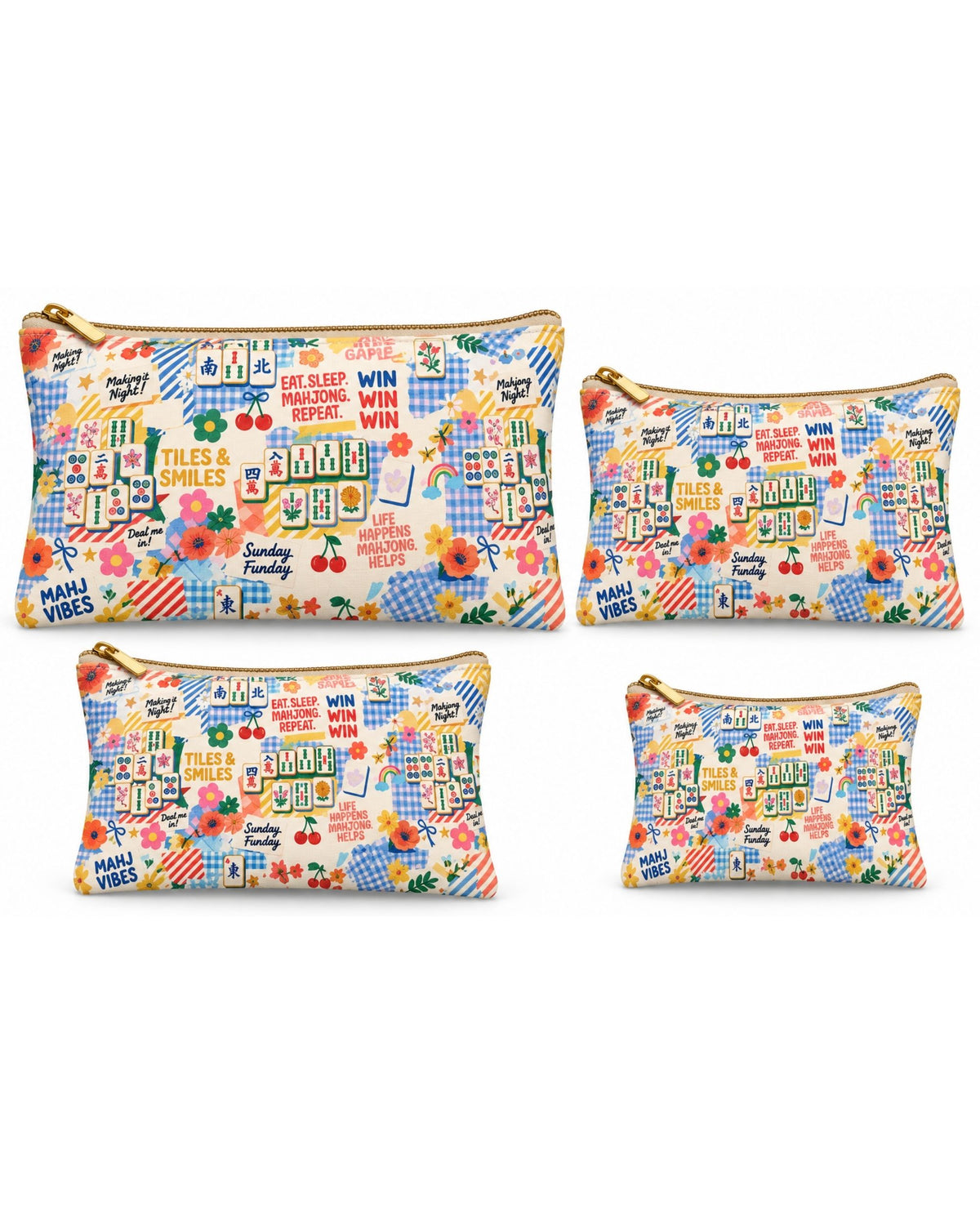 Set of four printed zipper pouches with mahjong-themed patterns and gold zips