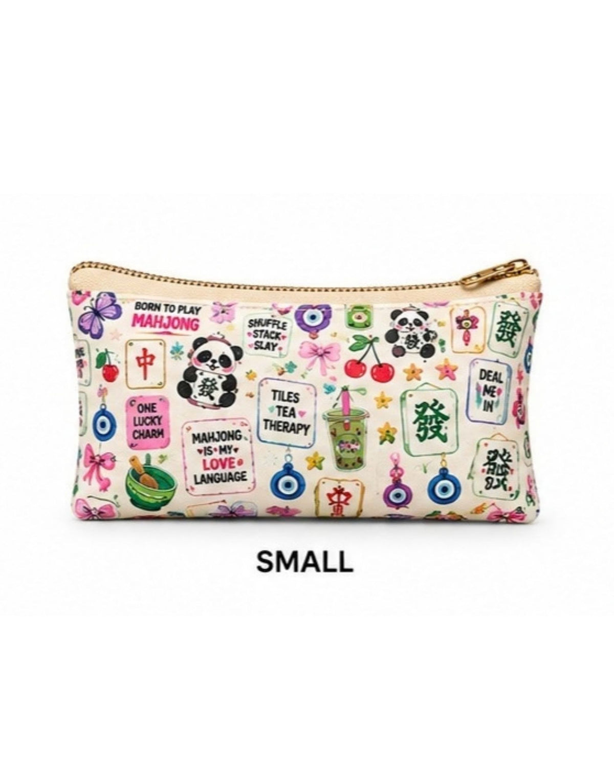 Small zipper pouch, beige vegan leather with colorful Mahjong print and gold zipper pull
