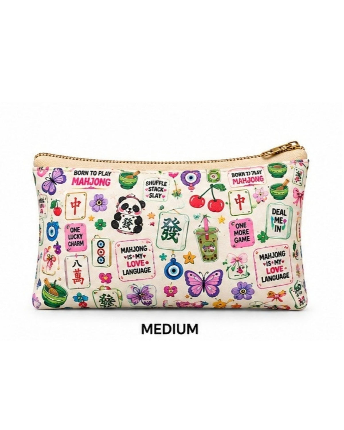 Medium zipper pouch, beige vegan leather with colorful Mahjong print and gold zipper pull