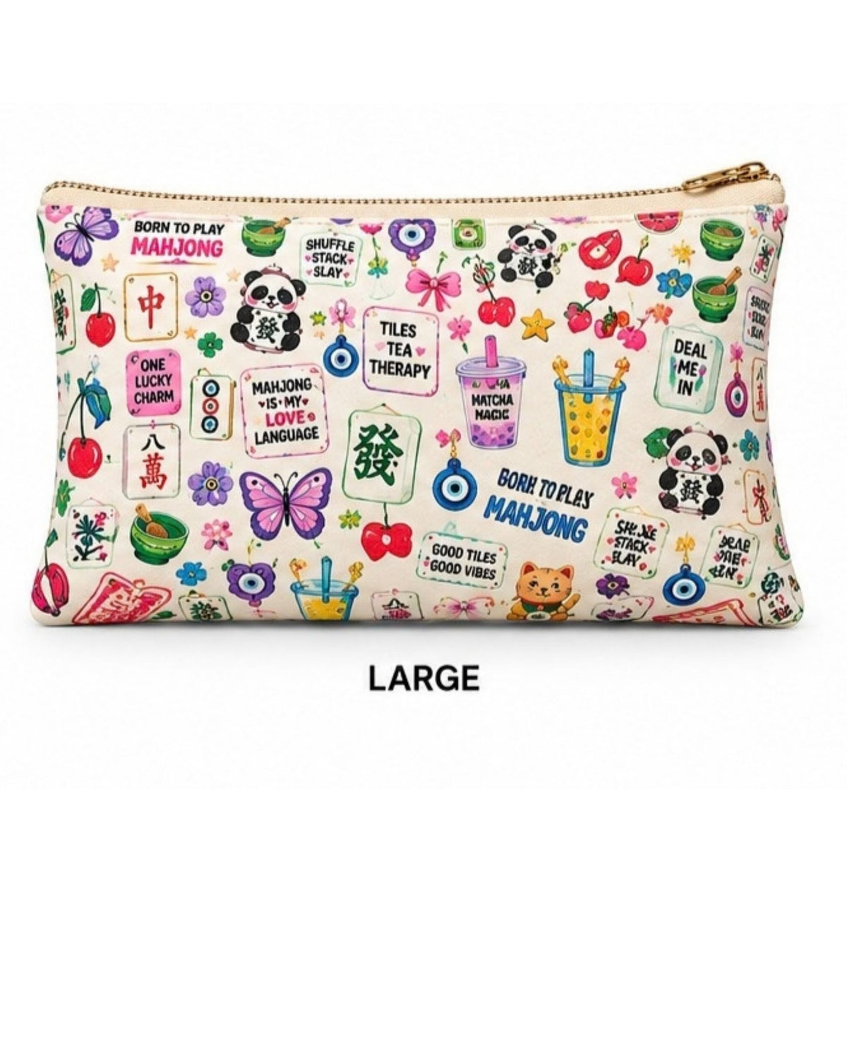 Large zipper pouch, beige vegan leather with colorful Mahjong print and gold zipper pull