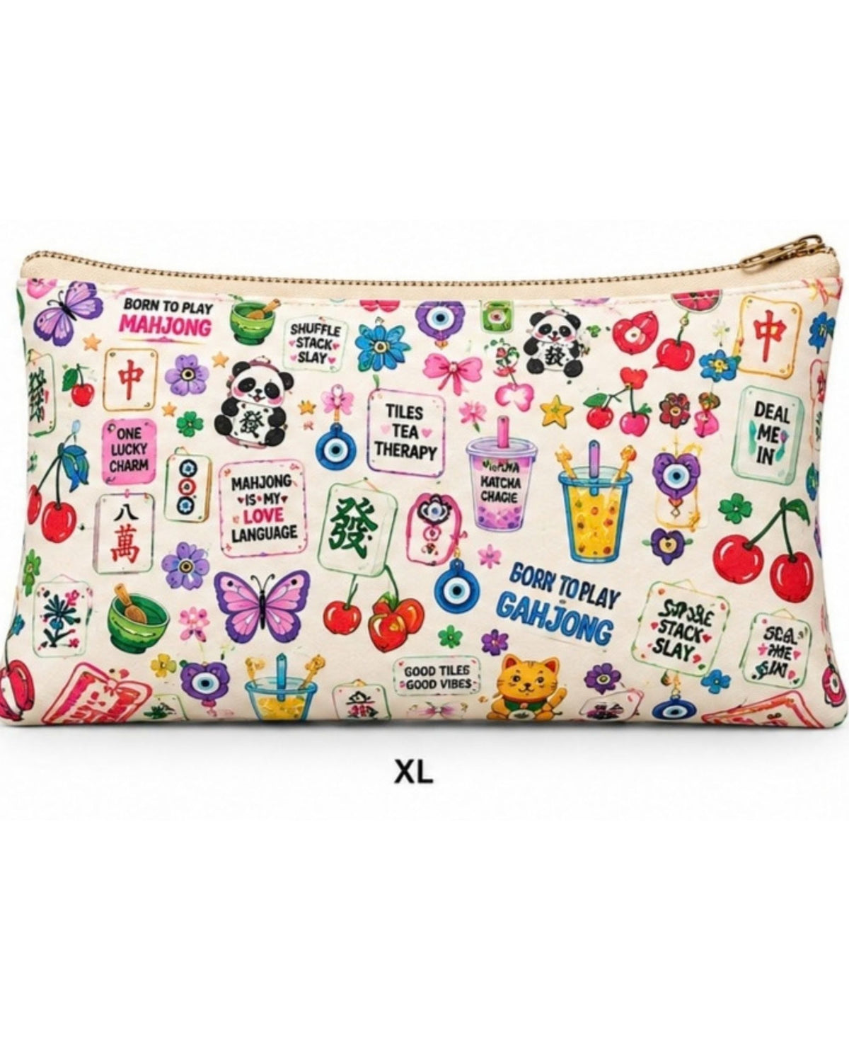 XL zipper pouch, beige vegan leather with colorful Mahjong print and gold zipper pull