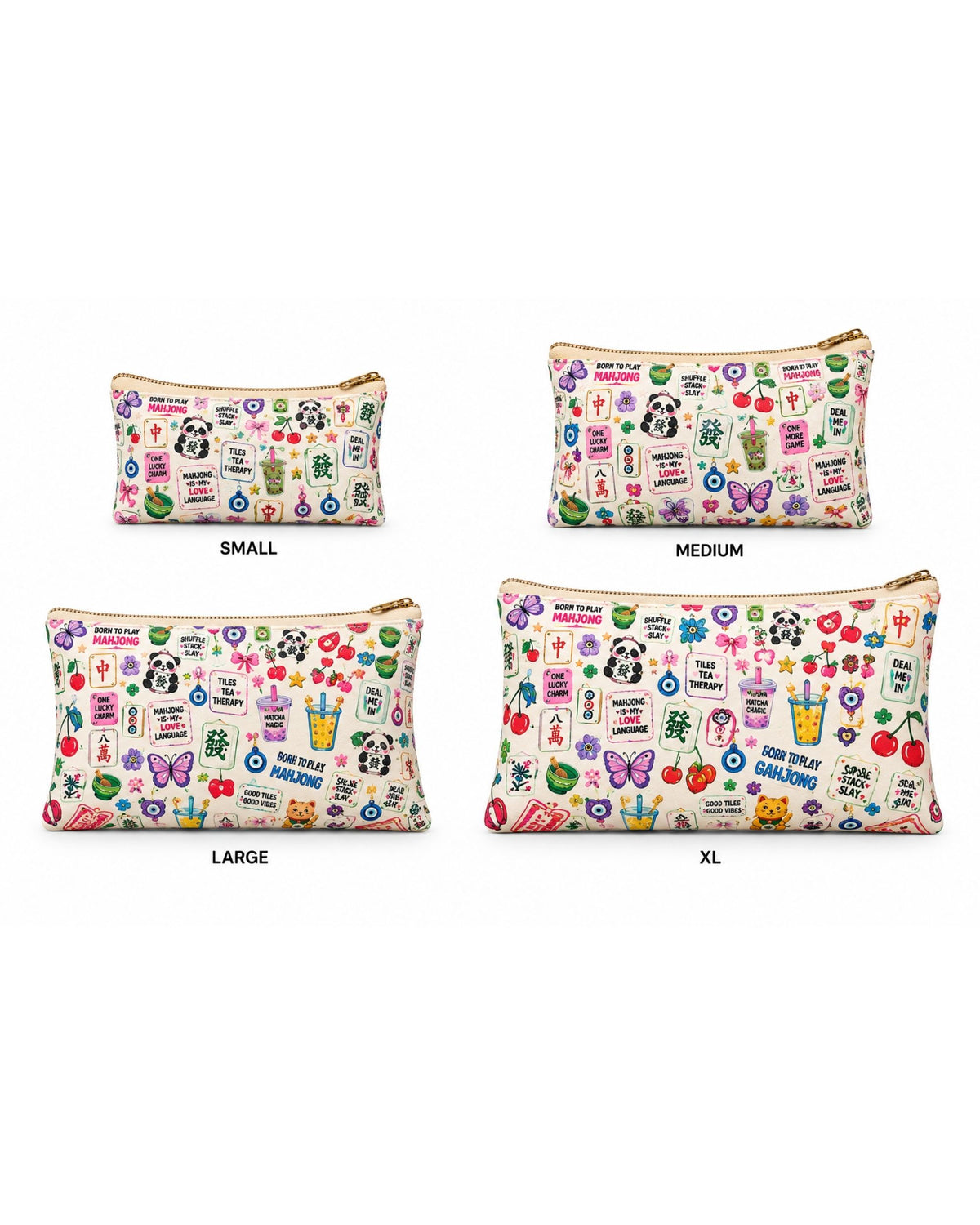 Set of small, medium, large, and XL zipper pouches with colorful Mahjong print