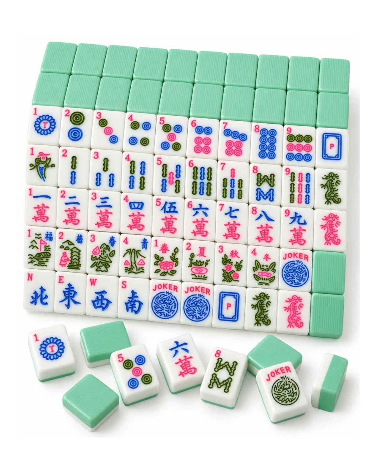 Classic Mahjong tiles with green backs, showing numbered suits, winds, dragons, flowers and jokers.