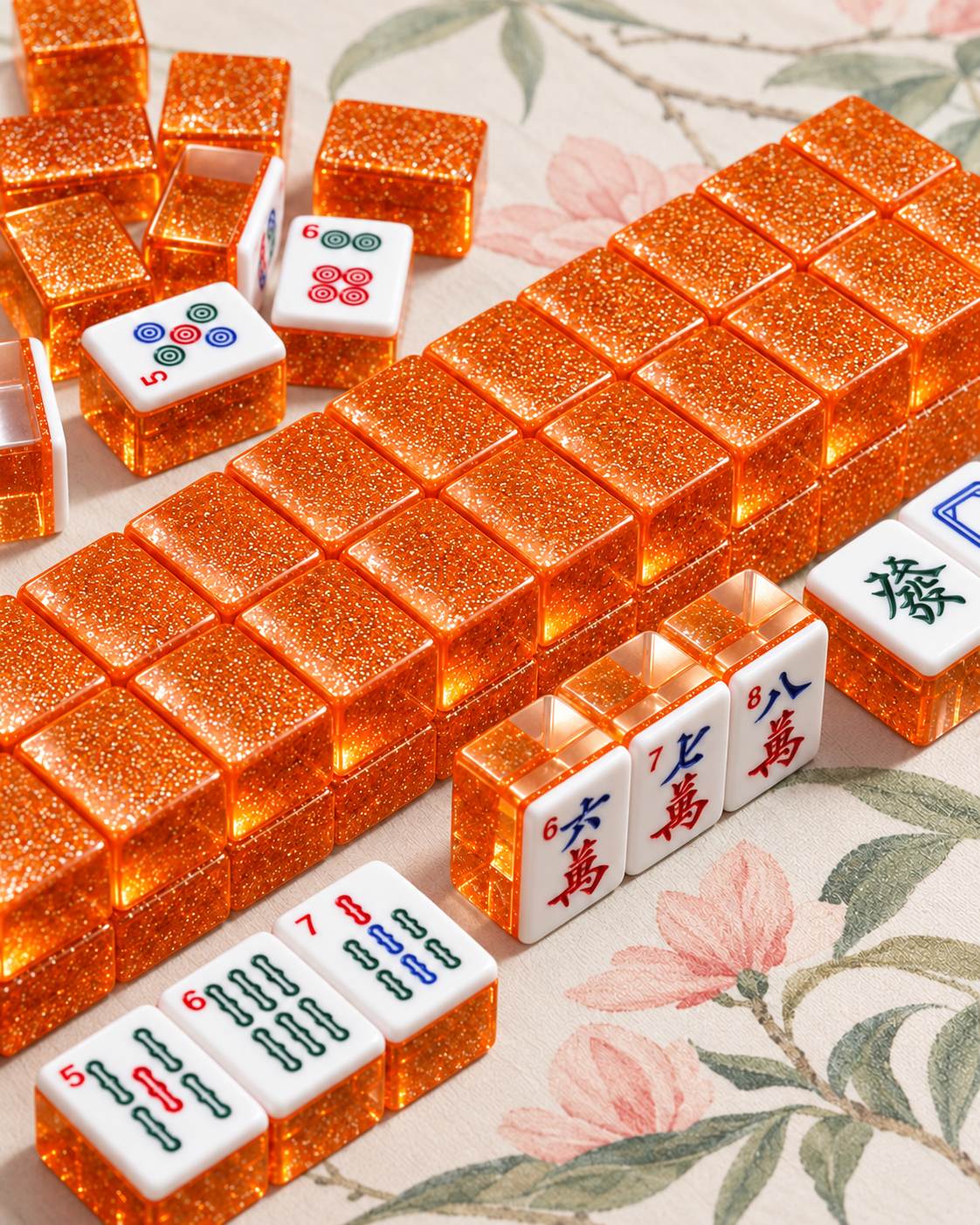 Glitter Taiwanese Mahjong Set, 152 Tiles with Sparkling Glitter Backs, Dice and Wind Indicator, Complete Game Set-Orange