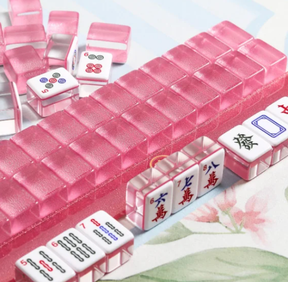 Glitter Taiwanese Mahjong Set, 152 Tiles with Sparkling Glitter Backs, Dice and Wind Indicator, Complete Game Set-Pink