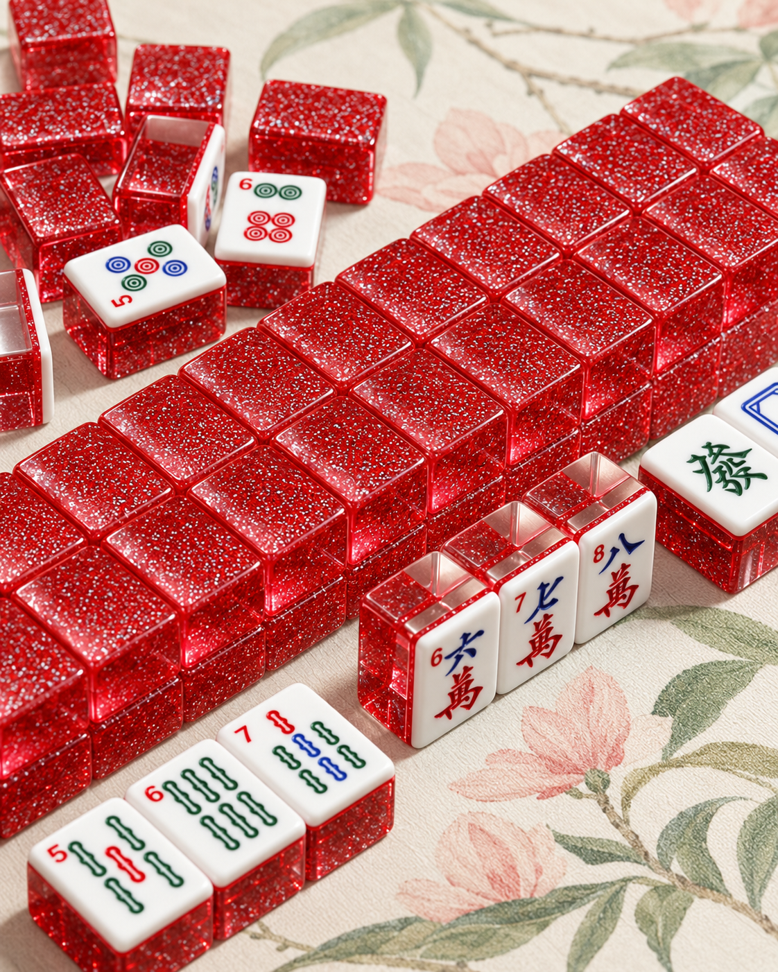 Premsons® Glitter Taiwanese Mahjong Set, 152 Tiles with Sparkling Glitter Backs, Dice and Wind Indicator, Complete Game Set-Red