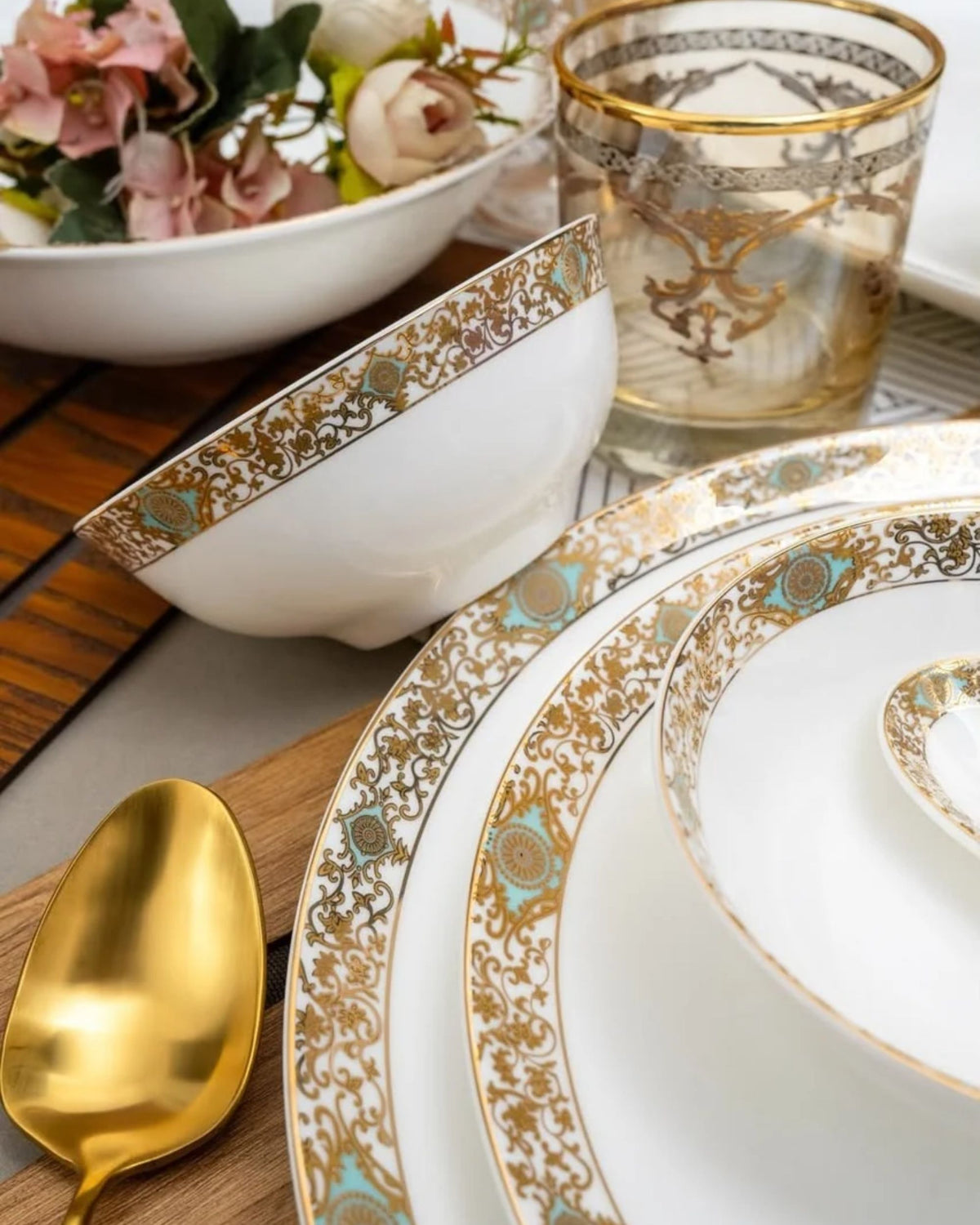 Premsons® White Porcelain Dinner Set with Gold Filigree & Turquoise Floral Accents