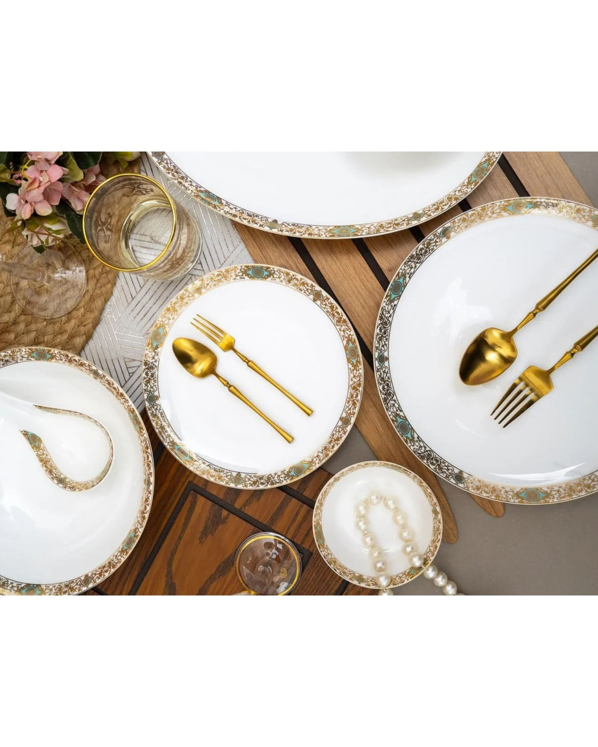 Premsons® White Porcelain Dinner Set with Gold Filigree & Turquoise Floral Accents