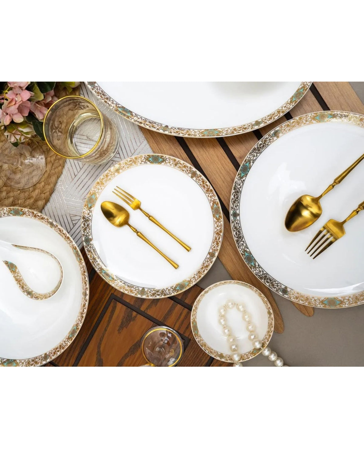 Premsons® White Porcelain Dinner Set with Gold Filigree & Turquoise Floral Accents