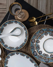 Premsons® White Porcelain Dinner Set with Blue, Black & Gold Ornamental Detailing