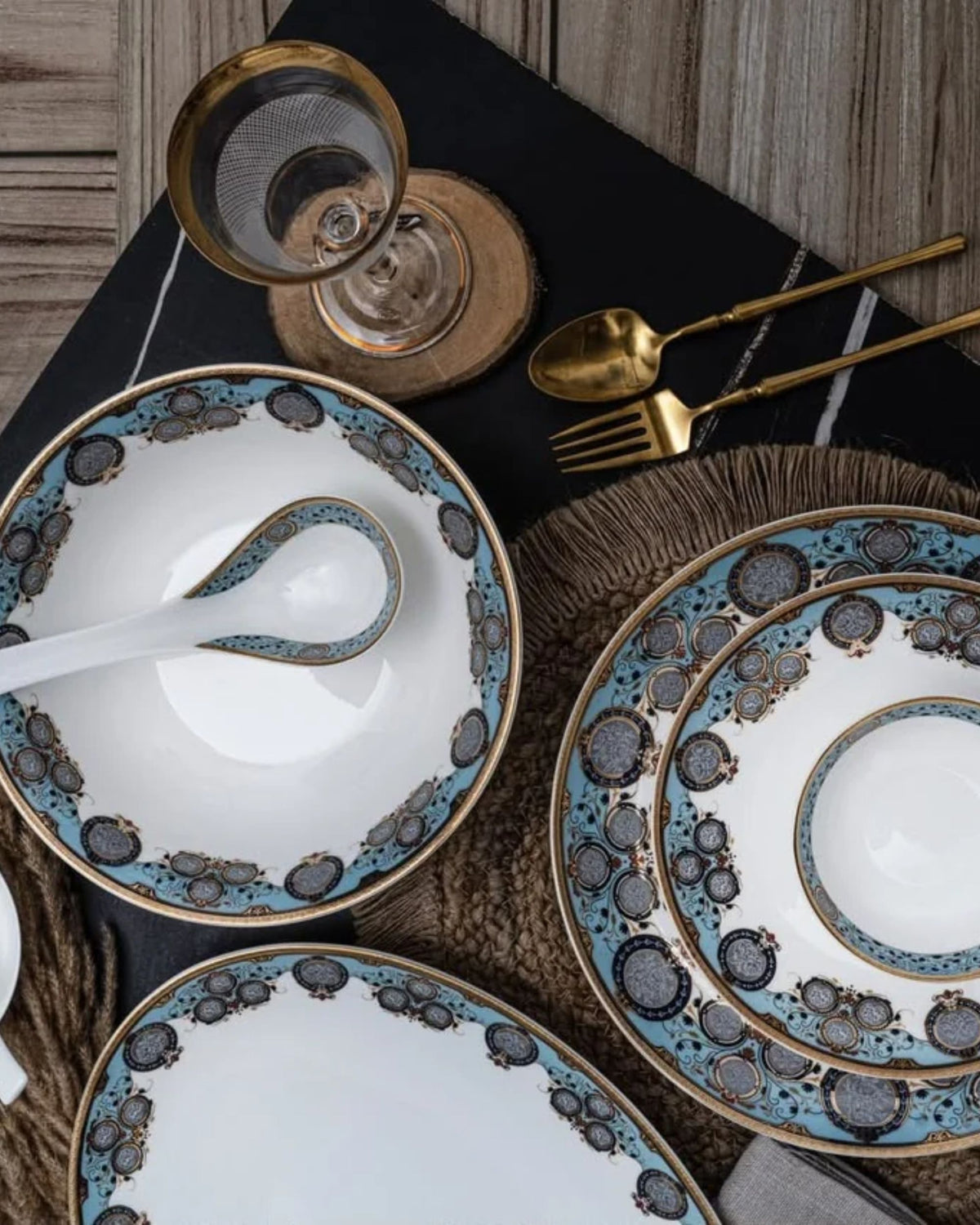 Premsons® White Porcelain Dinner Set with Blue, Black & Gold Ornamental Detailing