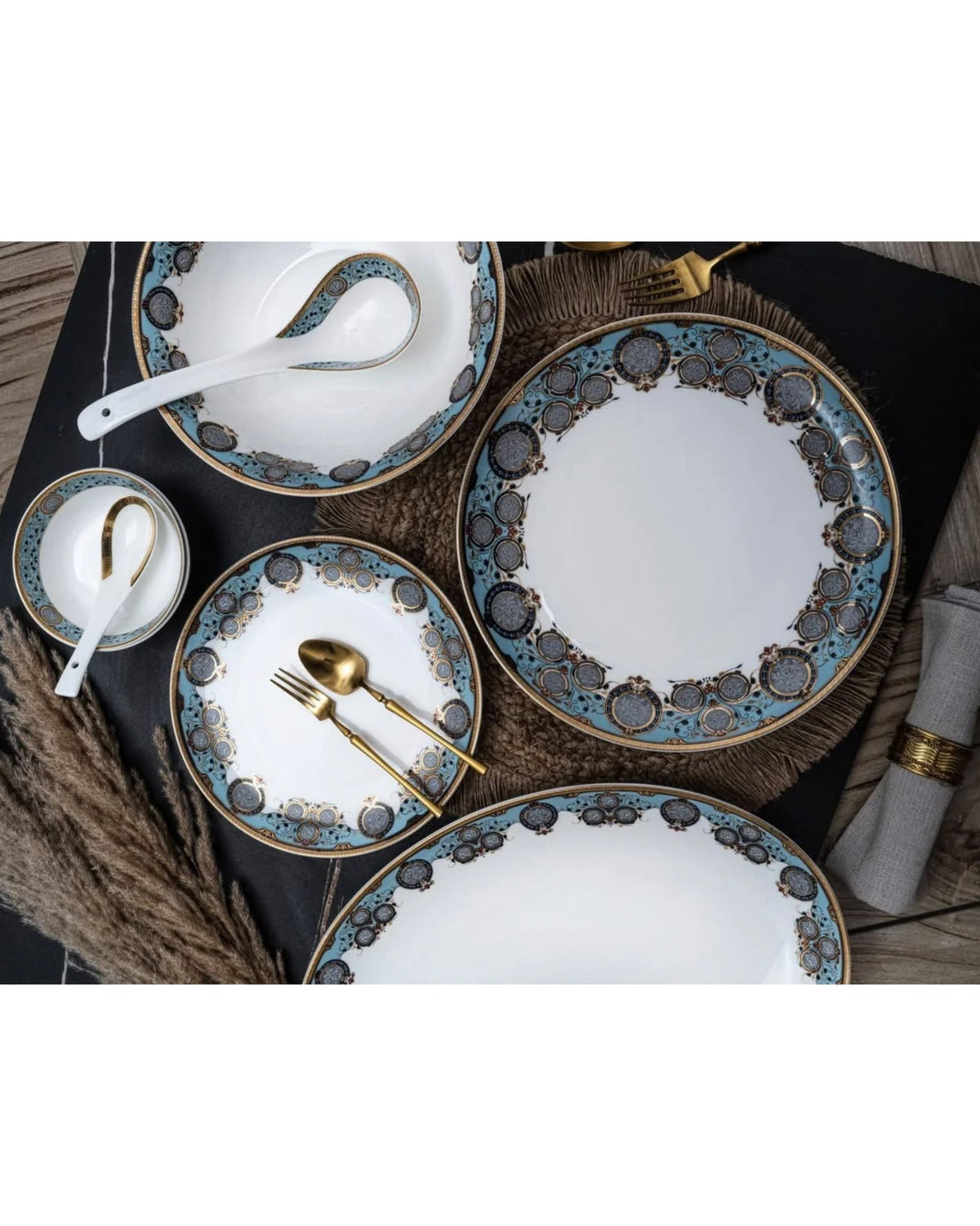 Premsons® White Porcelain Dinner Set with Blue, Black & Gold Ornamental Detailing
