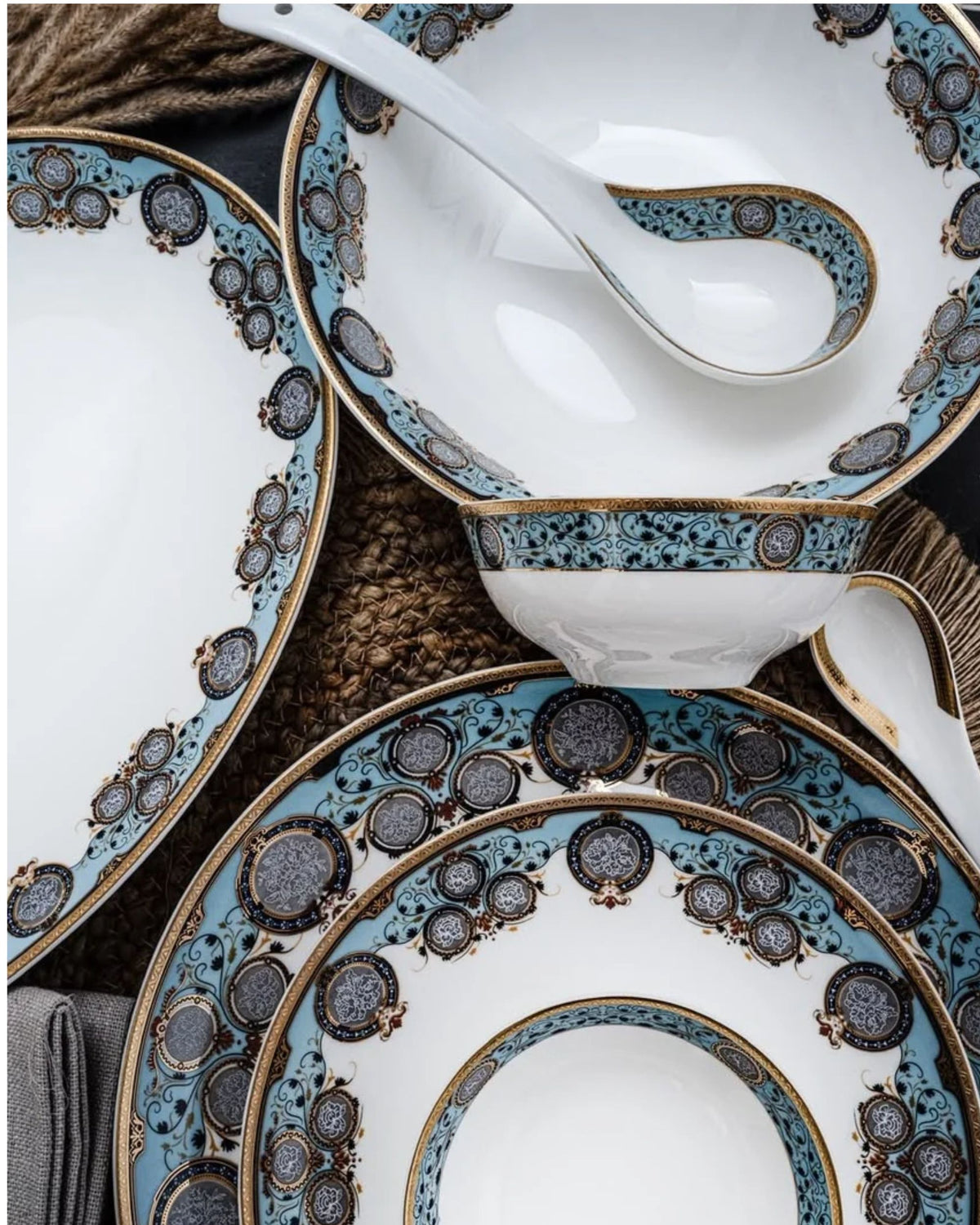 Premsons® White Porcelain Dinner Set with Blue, Black & Gold Ornamental Detailing