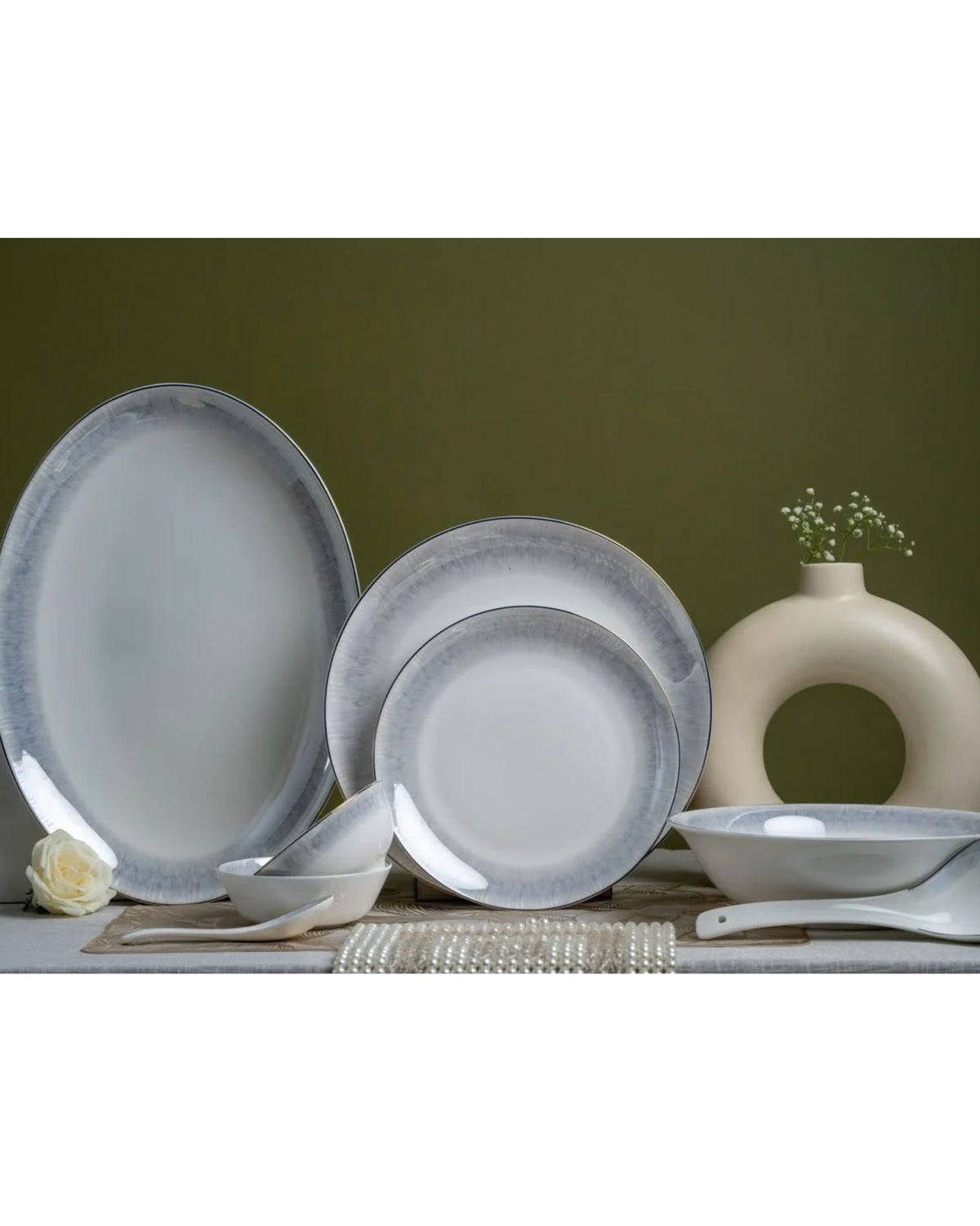Premsons® Grey & White Porcelain Dinner Set with Elegant Silver-Grey Rim