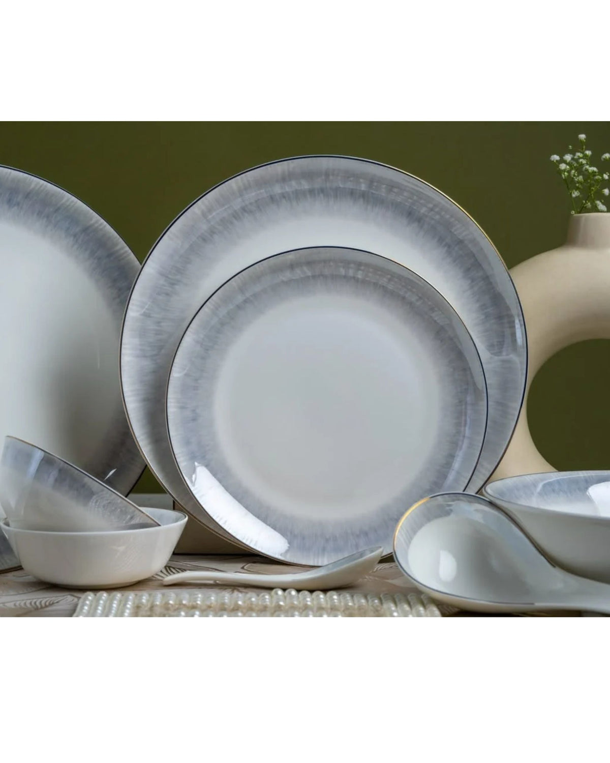 Premsons® Grey & White Porcelain Dinner Set with Elegant Silver-Grey Rim