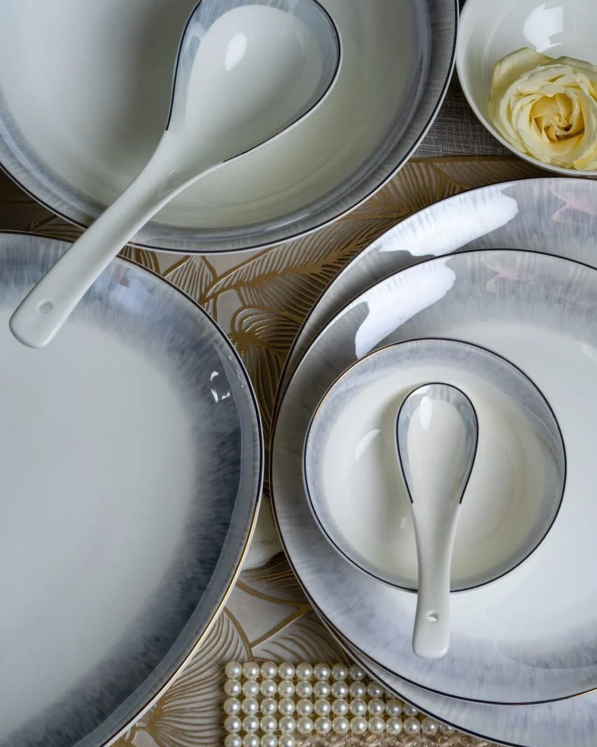 Premsons® Grey & White Porcelain Dinner Set with Elegant Silver-Grey Rim