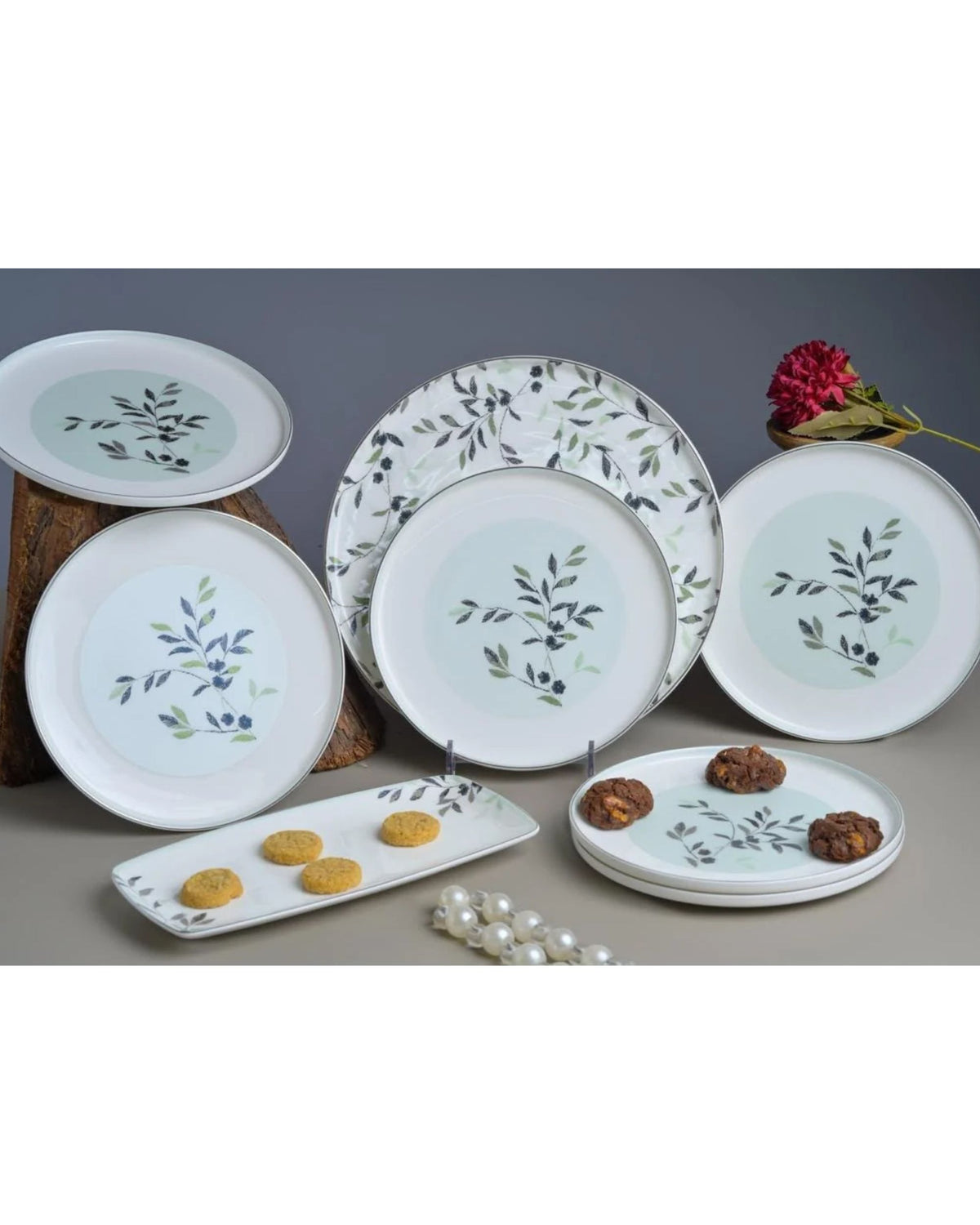 Premsons® White Ceramic Dinnerware & Serving Platter Collection with Grey Botanical Print