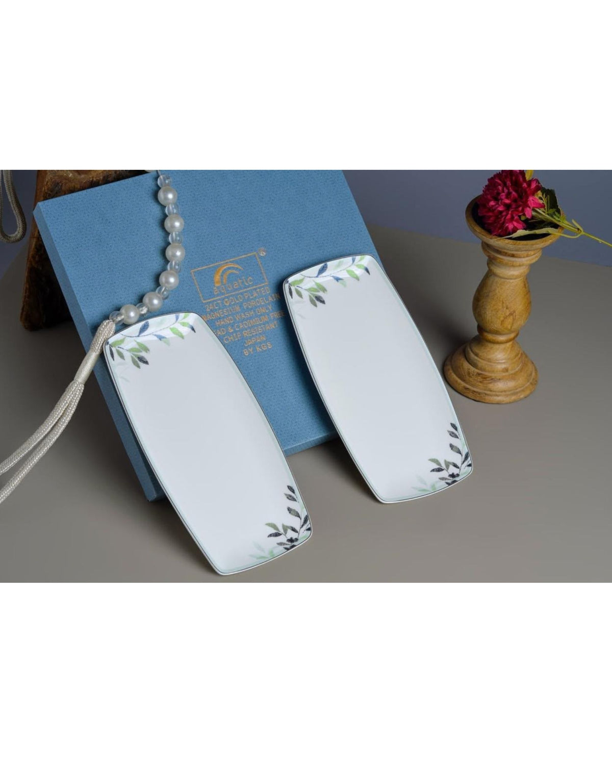 Premsons® White Ceramic Dinnerware & Serving Platter Collection with Grey Botanical Print