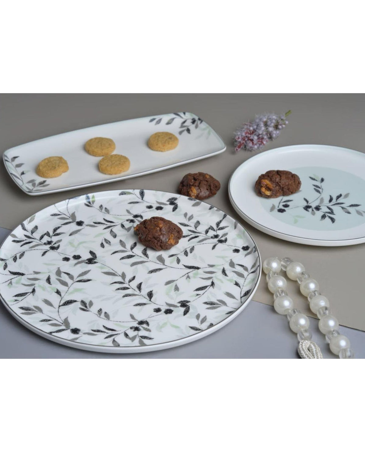 Premsons® White Ceramic Dinnerware & Serving Platter Collection with Grey Botanical Print