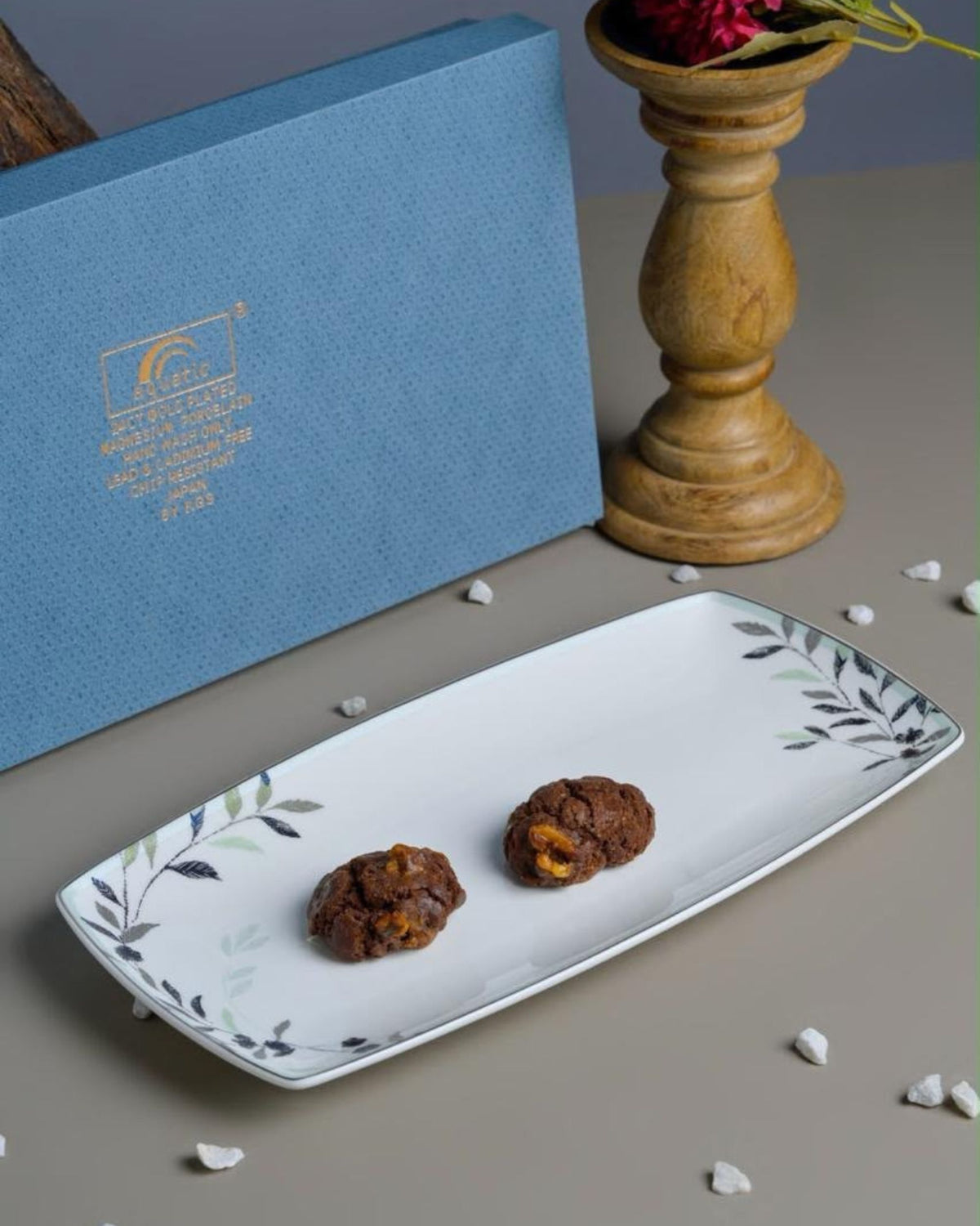 Premsons® White Ceramic Dinnerware & Serving Platter Collection with Grey Botanical Print