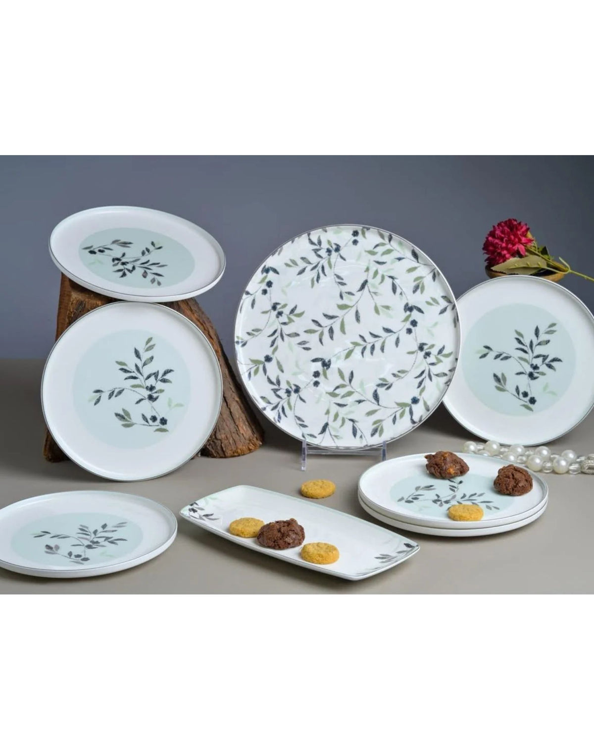 Premsons® White Ceramic Dinnerware & Serving Platter Collection with Grey Botanical Print