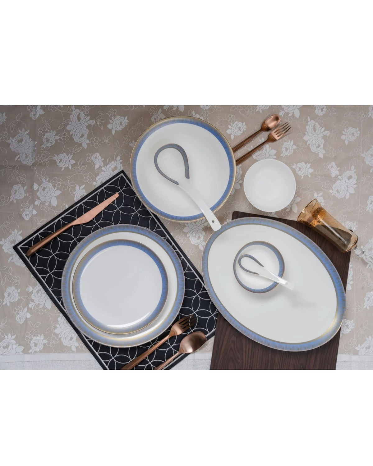 Premsons® White Dinner Set with Blue & Gold Textured Border