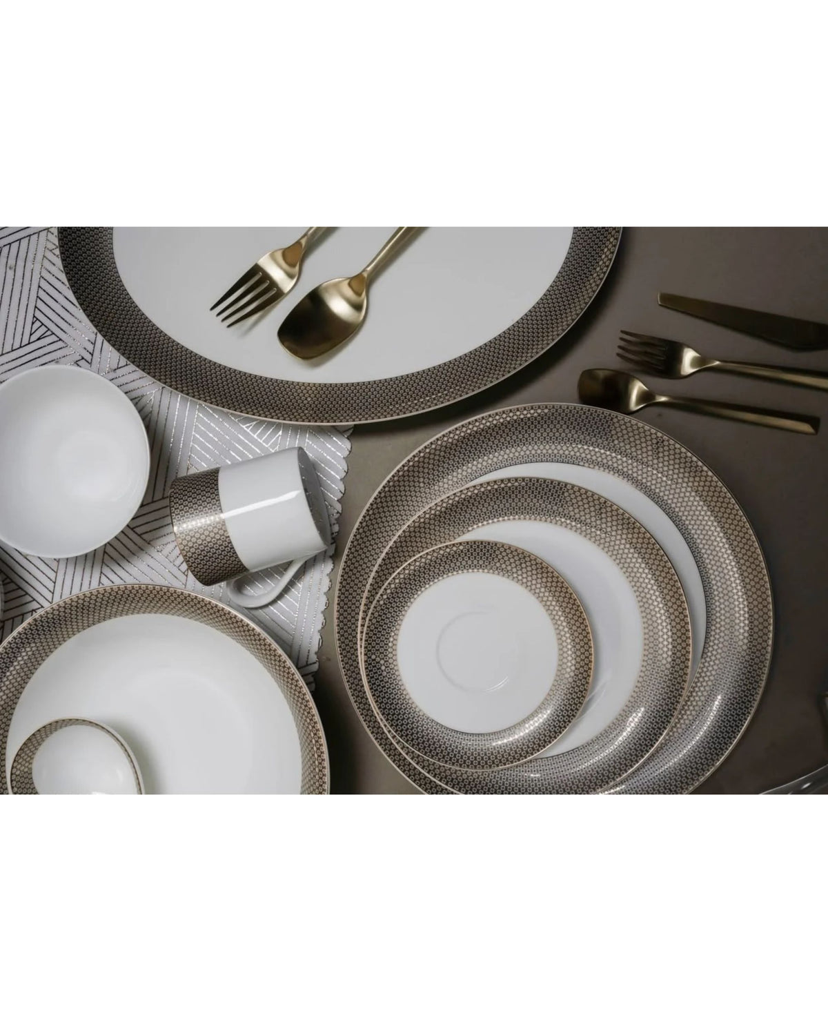 Premsons® White Dinner Set with Taupe & Gold Geometric Border