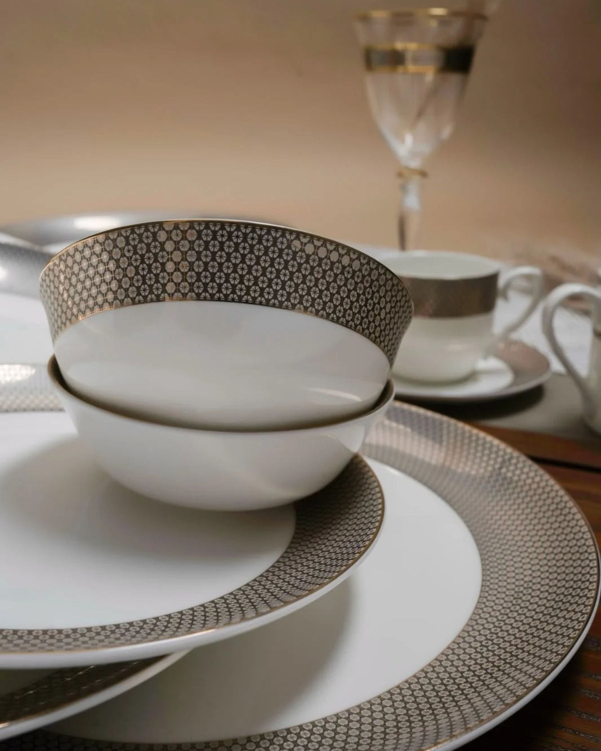 Premsons® White Dinner Set with Taupe & Gold Geometric Border