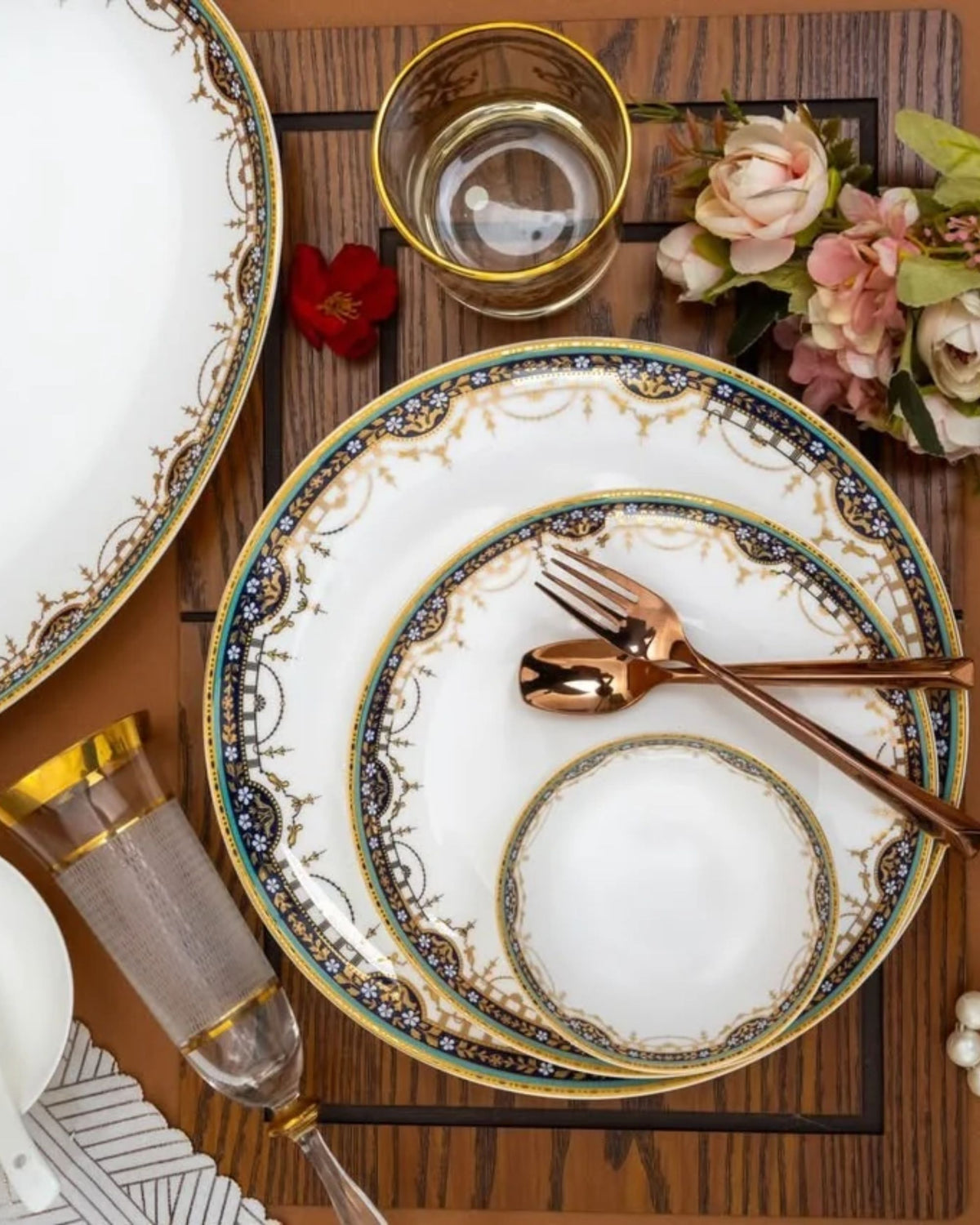 Premsons® White Dinner Set with Taupe & Gold Geometric Border