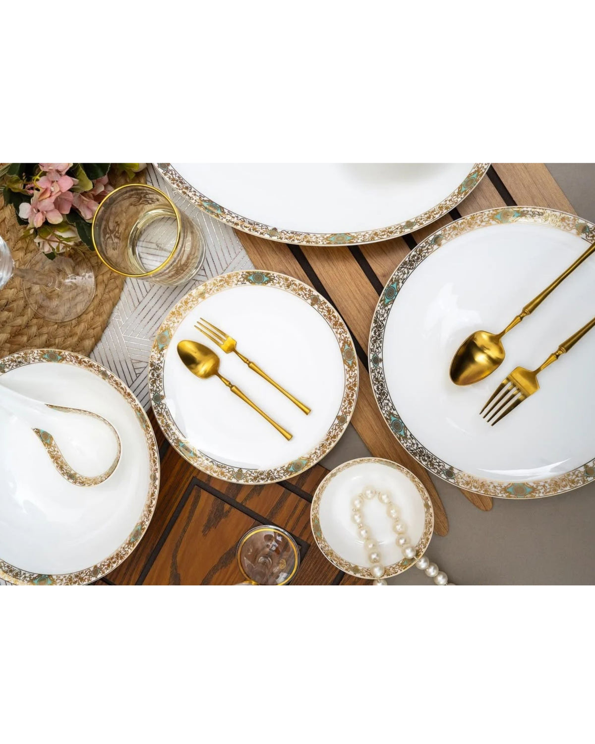 Premsons® White Dinner Set with Taupe & Gold Geometric Border