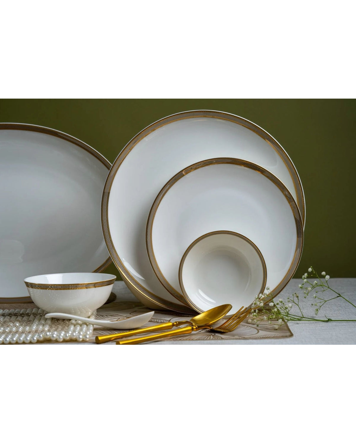 Premsons® White Dinner Set with Gold Textured Border | Luxury Dinnerware Collection