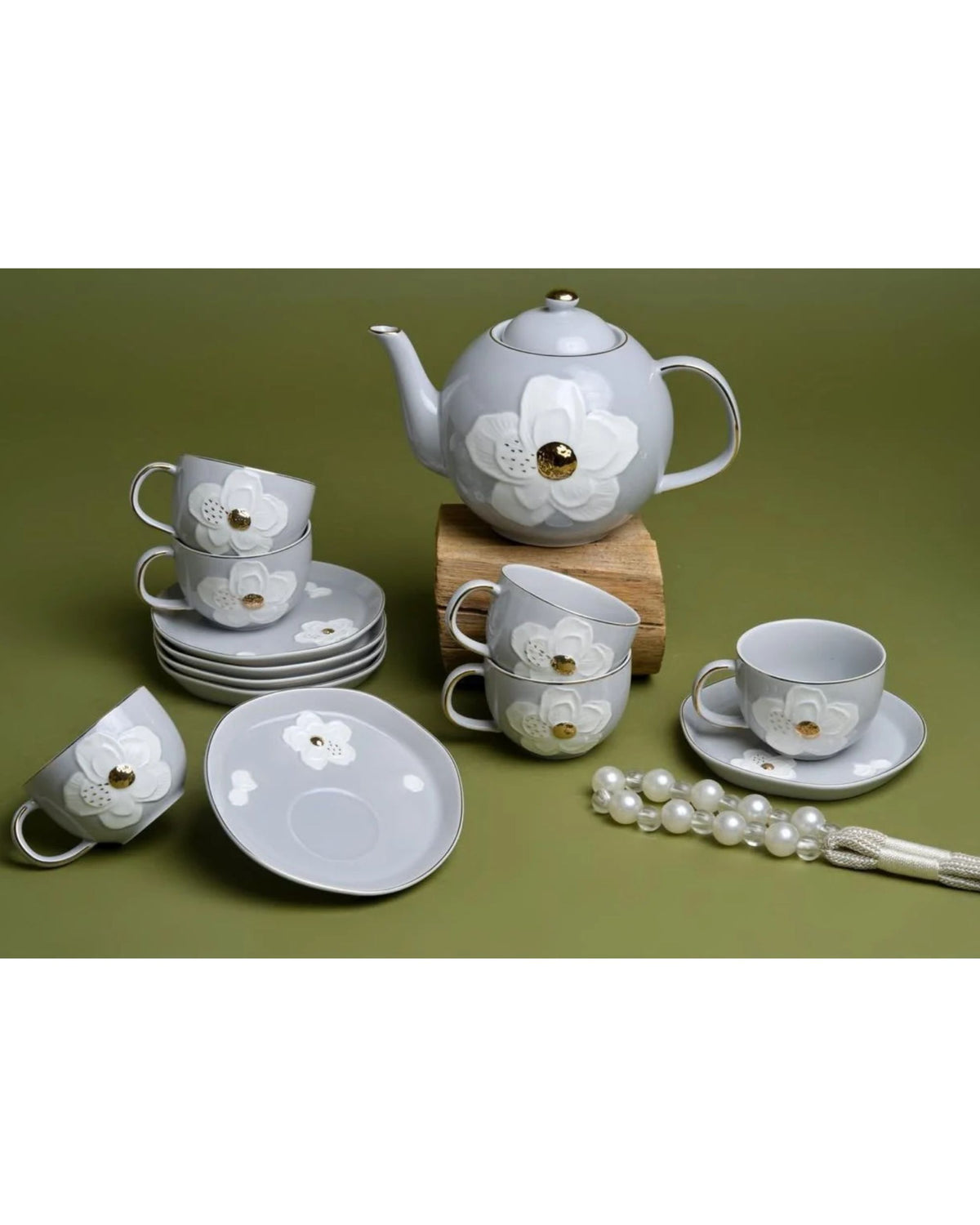 Premsons® Floral Ceramic Tea Cup and Saucer Set of 6 with White Flower Design and Gold Accents