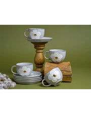 Premsons® Floral Ceramic Tea Cup and Saucer Set of 6 with White Flower Design and Gold Accents